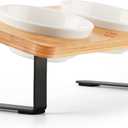 Ceramic Elevated Cat Bowls with 10 Tilted, Anti Vomiting & Whisker Friendly Food and Water Bowls with Bamboo Stand(Anti-Slip Feet), Raised Cat Food Bowls for Indoor Cats & Puppies, Dishwasher Safe (5" Bowls x2)