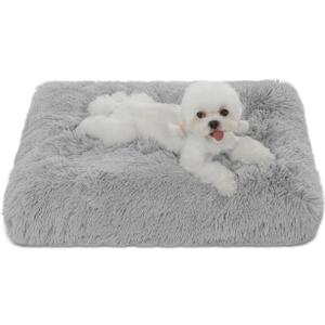 Bedfolks Waterproof Crate Bed, Plush Dog & Cat Kennel Pad with Removable Cover, Faux Fur, Washable, 23"x18", Solid Light Grey