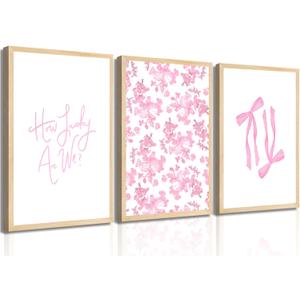 3Pcs Pink Floral Bow Wall Art How Lucky Are We Wall Decor Pictures Trendy Preppy Canvas Poster Prints for College Dorm Apartment Girl Room Decorations Unframed (16x24in poster)