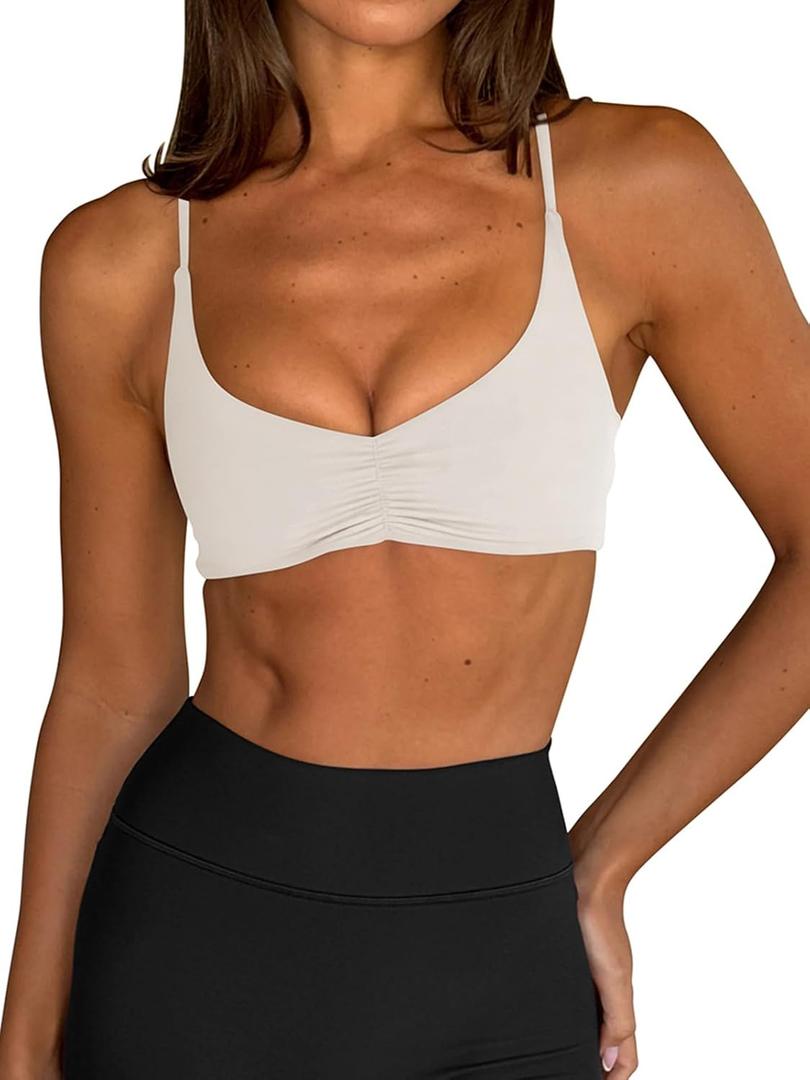 LASLULU Womens Sexy Sports Bra Spaghetti Strap Backless Bra Workout Gym Yoga Bras Tops Padded Sport Bras (White, S)