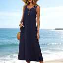 SimpleFun Womens Summer Dresses Casual Midi Sleeveless Button Front Beach Dress Vacation Sundresses with Pockets (Blue, M)