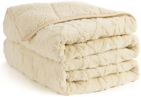 Topblan Weighted Blanket Twin Size 12 lbs, Soft Weighted Blanket with Doubled-Sized Shaggy Sherpa, Jacquard Knitted Stylish Warm Weighted Blankets Throw for Better Sleep, Beige, 48 x 72 inches