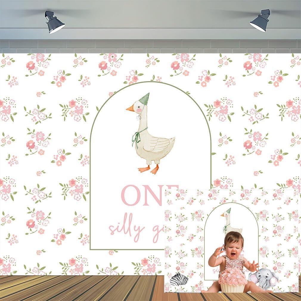 10 x 8 ft One Silly Goose Backdrop 1st Birthday for Kids Party Decoration Farm Animal Our Little Goose is Turning One Theme Baby Shower Birthday Party Photo Booth Props Background Wall Decor (Pink)