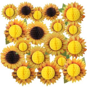Ovveroche 18 PCS Sunflower Party Decorations Yellow Tissue Flowers Wall Decoration 3D Large Honeycomb Hanging Paper Decorations for Party Birthday Wedding