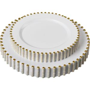 PLASTICPRO 32 Piece Combo Plastic Dinner Plates Disposable Plastic Fancy Heavy Duty Party Dishes 7 inch and 10 inch, White and Gold Beaded