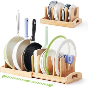 Pots and Pans Organizer under Cabinet, Pot Lid Organizer Bamboo Expandable with 10 Adjustable Dividers, Pan Holder Kitchen Storage Rack for Cutting Board, Baking Tray and Cookie Sheet