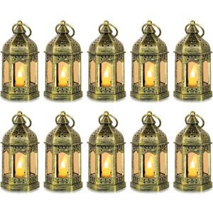 Mini Lanterns Decorative for Wedding Centerpiece - 10 Pcs Romadedi Hanging Small Gold Lantern Bulk with Flickering LED Candles for Halloween Decorations, Christmas Table Decor, Batteries Included
