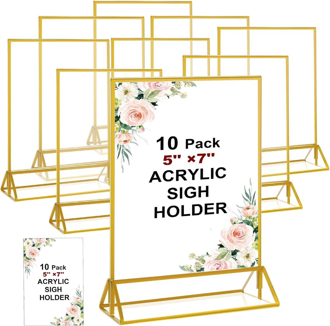 Acrux7 10 PCS 5x7 Inch Gold Frames Acrylic Sign Holder, Double Sided Picture Frame, Acrylic Gold Picture Frames Menu Display Sign Holder Stand for Wedding Table Numbers, Restaurants, Home, Stores