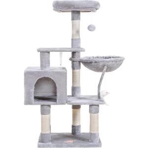 Heybly Cat Tree with Toy, Cat Tower Condo for Indoor Cats, Cat House with Padded Plush Perch, Cozy Hammock and Sisal Scratching Posts, Light Gray HCT004W