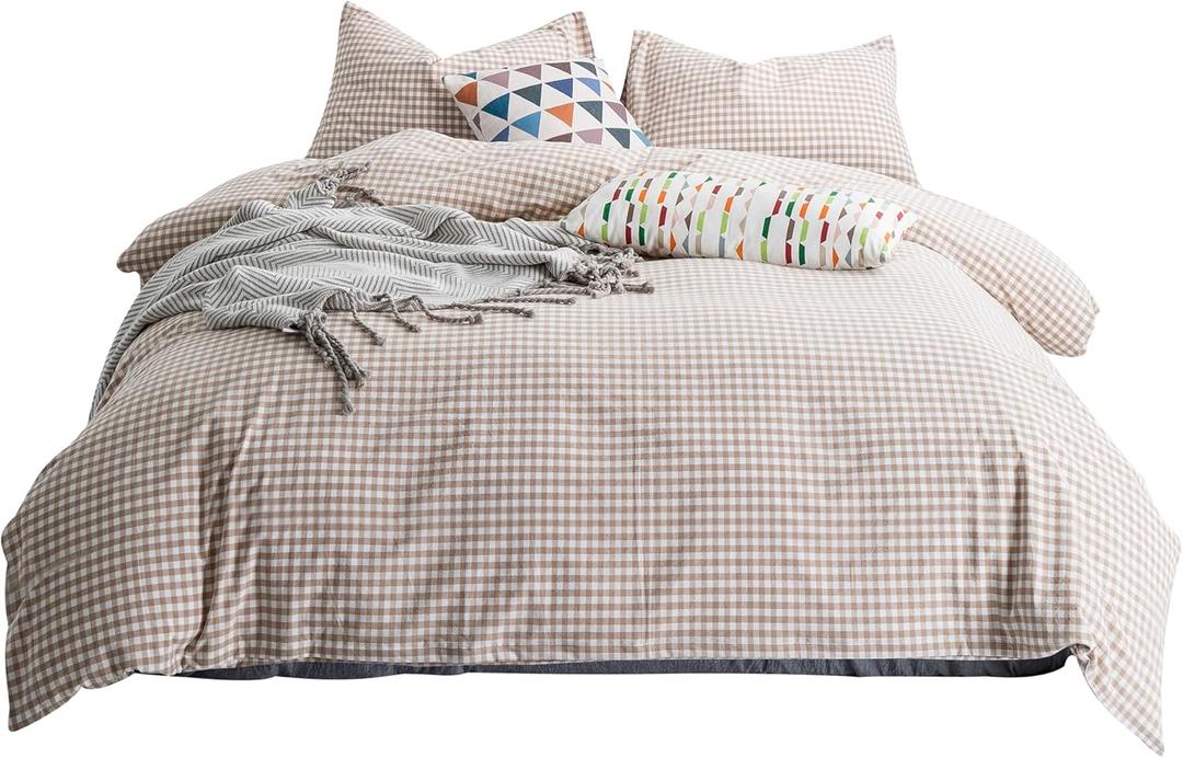SUSYBAO Tan Gingham Duvet Cover Queen 100% Washed Cotton Beige Plaid Duvet Cover Set 3 Pieces Set 1 Soft Checkered Grid Duvet Cover with Zipper Ties 2 Pillowcases Luxury Farmhouse Gingham Bedding Set