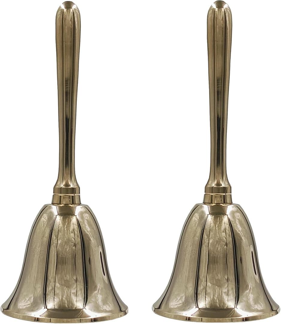 Super Loud Polished Brass Hand Call Bell for Weddings, Christmas & School - Polished Brass Hand Bell by The Metal Magician (Pack of 2)