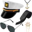 JOYIN Spooktacular Creations 5 Pcs Yacht Sailor Hat Costume Accessories Set, Sailor Costume Set with Hat Sunglasses Necklace Badge Brooch Tie Ship for Halloween Dress up Party Props
