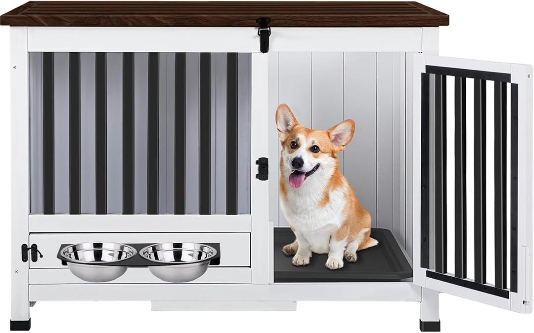 Agitree 33.3 Inch Wooden Dog Crate Furniture - Multi-Functional Dog Crate Side Table with 360° Swivel Feeder for Small and Medium Dogs with Removable Tray, Easy to Assemble, Easy to Clean
