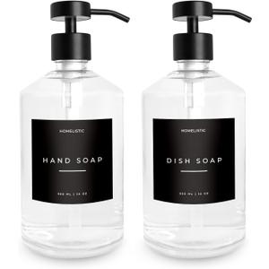 Luxury Glass Soap Dispenser Set of 2 - Elegant Clear Glass Bottles with Matte Black Stainless Steel Pumps, Kitchen Soap and Bathroom Hand Soap Dispenser, Perfect Pump All Homes.