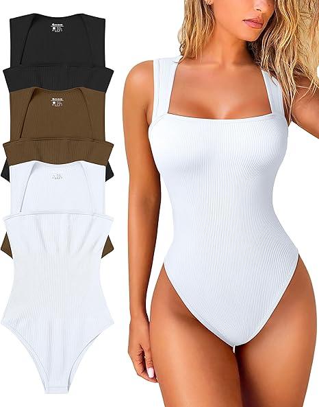 OQQ Women's 3 Piece Bodysuits Sexy Ribbed Strappy Square Neck Sleeveless Tummy Control Tank Tops Bodysuits large