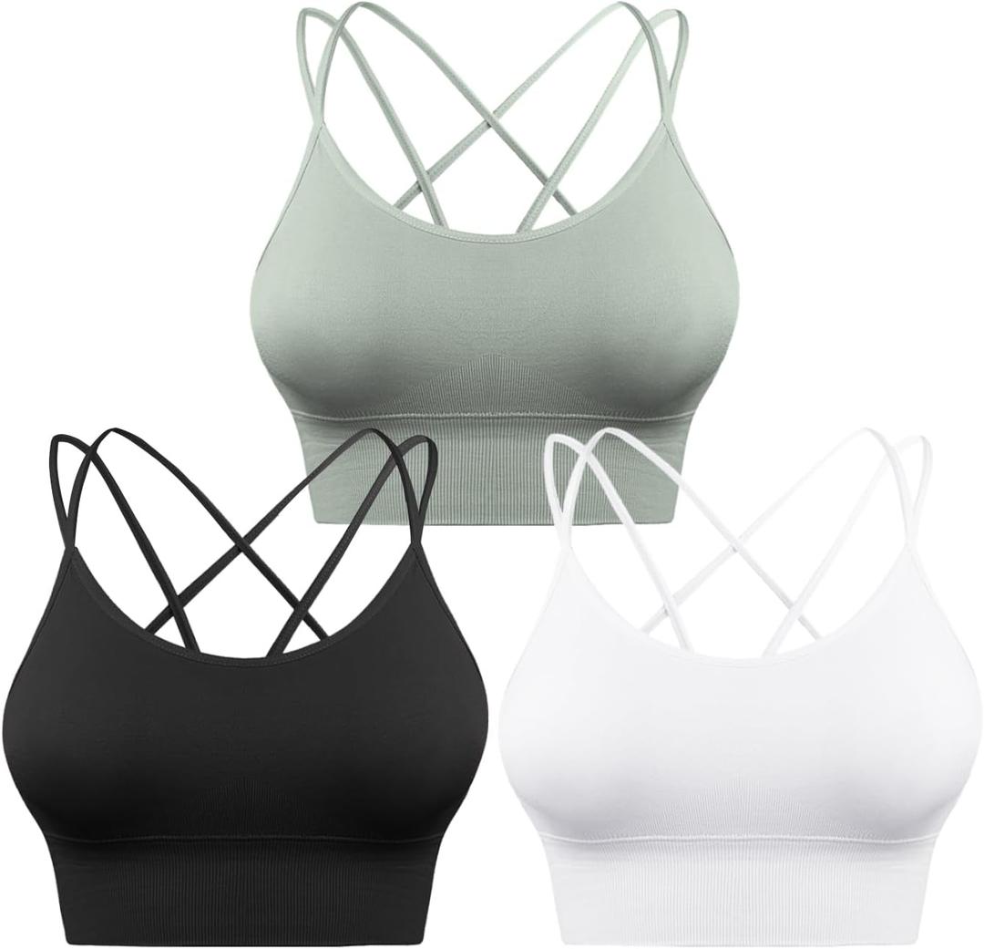 Sykooria 3 Pack Strappy Sports Bra for Women Sexy Crisscross for Yoga Running Athletic Gym Workout Fitness Tank Tops (Medium, 3 Pack-black+white+green)