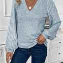 SweatyRocks Women's Long Sleeve V Neck Casual Soft T Shirts Trendy Fall Ribbed Tops (Gray, XL)