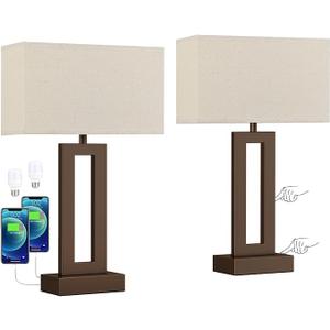 Seealle Bedroom Lamps for Night Stands - Touch Control, 3 Way Dimmable, USB C+A Charging, LED Bulbs, Easy Assembly(Yellow&Brown)