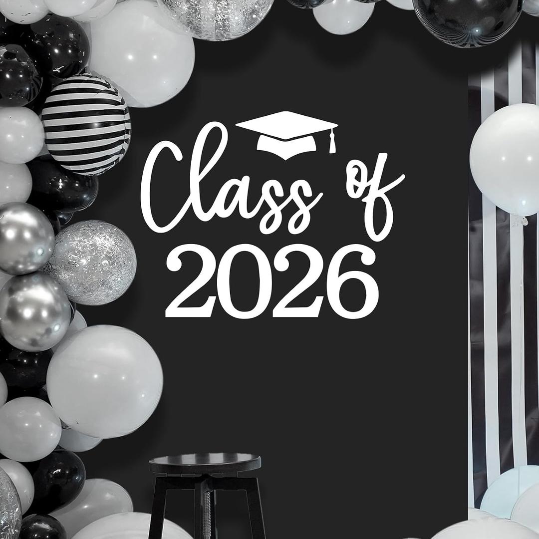 Class of 2026 Decal Sign for Balloon Arch - 2026 Graduation Decor for High School College Graduate, Congrats Grad Party Class of 2026 Event Planner Vinyl Decal (White)
