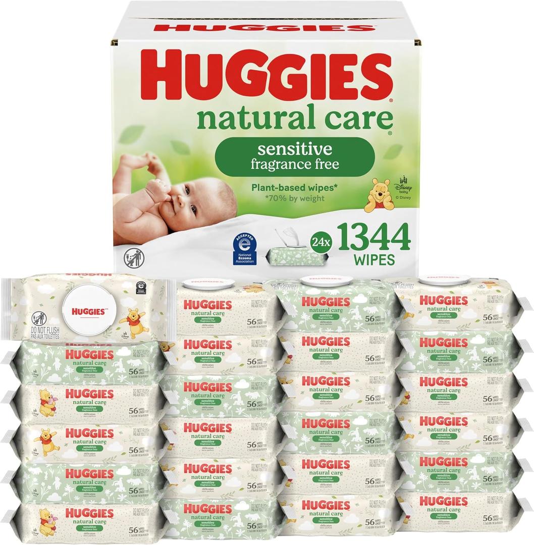 Huggies Natural Care Sensitive Baby Wipes, Unscented, Hypoallergenic, 99% Purified Water, 24 Soft Packs of 56 (1344 Wipes Total)