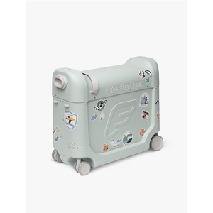 Stokke JetKids BedBox, Green Aurora - Ride-On Suitcase for Kids 2-7 Years Old (up to 77 lbs) - Transforms Into Bed - Includes Mattress, Decorative Stickers & Adjustable Carrying Strap