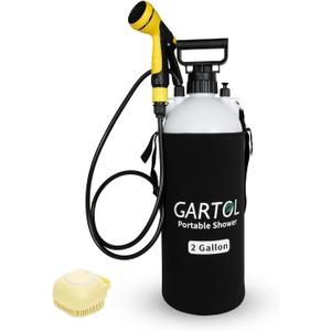 Gartol 2 Gallon Portable Shower with Handheld Showerhead, Silicone Bath Massage Brush, and Thermal Insulation Bag, High-Pressure Camping, Surf, Dog Shower Sprayer (White)