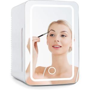 COLDBAY Skincare Fridge with Mirror Door, LED Light, Cool and Warm Makeup Vanity Refrigerator for cosmetic, drinks, compact Design for Bedroom Bathroom, Dorm, AC Cord, DC Adapter for car