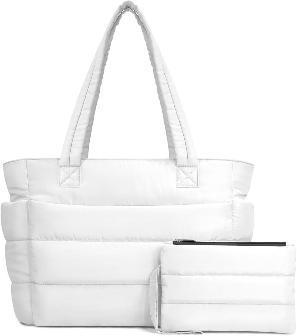 TOPDesign Puffer Tote Bag for Women, Lightweight Puffy Handbag with Compartments, Quilted Shoulder Bag for Work, Travel, Gym (Medium, White)