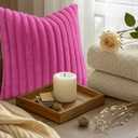 decorUhome Summer Cozy Faux Fur Throw Pillow Covers 12x20 Set of 2 Decorative Soft Plush Striped Lumbar Modern Farmhouse Boho Couch Pillow Cases with Velvet Back for Sofa Bed Living Room, Hot Pink