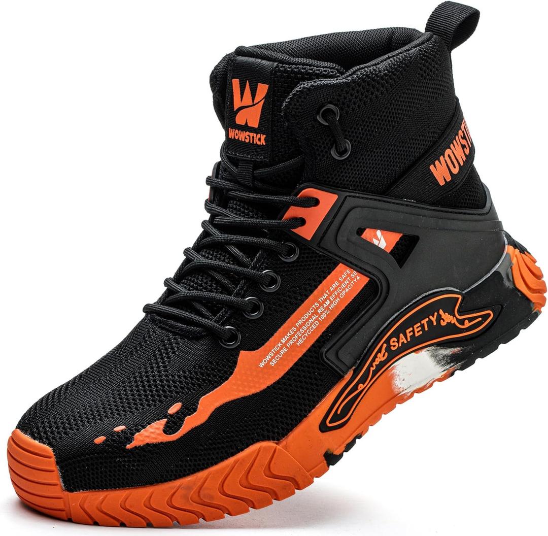 WOWSTICK Lightweight Work Safety Steel Toe Sneakers, Slip Resistant Breathable Light Construction Tennis Shoes (8.5 Women/7 Men, 28-orange)