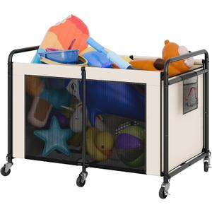 StorageWorks 210 Gallon Pool Float Storage, Mesh Pool Toy Storage Bin with Wheel and Side Pockets, Large Swimming Organizer, Outdoor Noodles Holder, Beige