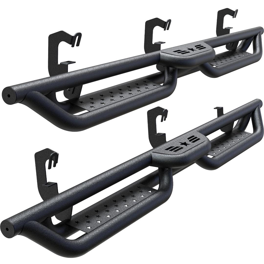 Running Boards Side Steps Compatible with Chevy Silverado/GMC Sierra Double & Extd Cab 2007-2018 1500 (Inc.19 LD/Lt), 2007-2019 2500HD 3500HD, 6" 2-Stairs Coated Black Carbon Steel Nerf Bars
