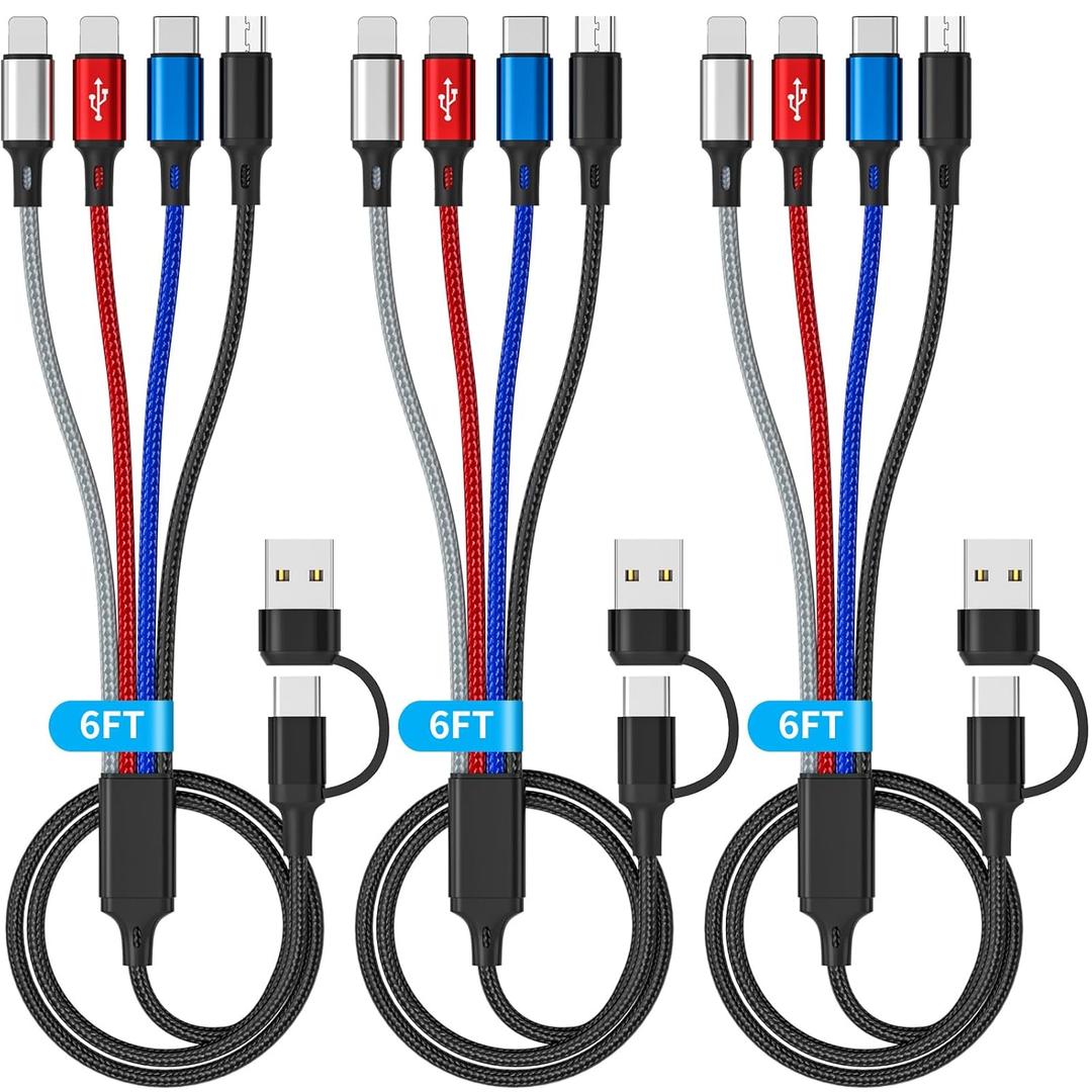 6 in 1 Multi Charging Cable, 3Pack 6FT Multiple Charging Cable, Multi Chargers Cord for All Devices Nylon Braided USB A/C Cable to 2*Lighting/Typc C/Micro USB Port for i Phone 17/16/15/Samsang/Tablets