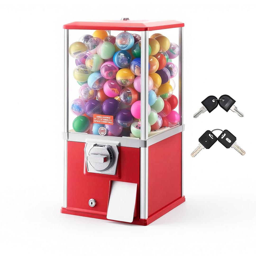 VEVOR Gumball Machine, 21 inch Candy Vending Machine Dispenser, 25-Cent Vending Machines for Shopping Malls, Supermarkets, Amusement Parks, Arcades, Holds Up to 180 1.77 inch Spherical Candies (Red)