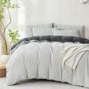 Dark Grey Comforter Set Queen Size Striped Soft Washed Microfiber Jacquard 3 Pieces Striped Bedding Sets Dark Grey White Comforter Queen for All Seasons and 2 Pillowcases Comfort Breathable