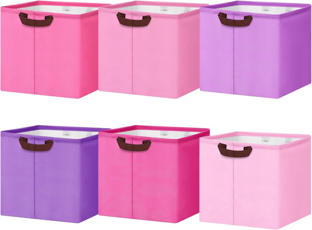 6 Pack 11 Inch Cube Storage Bins Canvas Foldable Storage Cubes with Sturdy Leather Handles Multipurpose Baskets for Closet Toys Clothes Room Decor (Bright)
