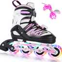 BELEEV Inline Skates with Light-Up Wheels & Shoelaces, 4-Size Adjustable Roller Blades for Kids, Boys & Girls Ages 5-8, 8-12, 6-12, Illuminating Skates for Youth & Women, Beginner Outdoor/Indoor Use (Pink)
