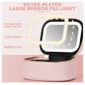 Small Makeup Bag Travel Train Case with Mirror and Light Mini Travel Make up for Women Train Case Cosmetic Organizer 3 Adjustable Brightness Toiletry Bag Portable Artist Storage
