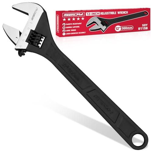 SEDY 12-Inch Adjustable Wrench, Black Oxide Finish Wide Jaw Spanner with Inch/Metric Scale, Premium Drop Forged Steel for Automotive Plumbing and Household Repairs