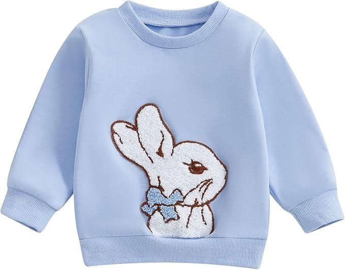 Adobabirl Baby Girl Easter Outfit Toddler Bunny Embroidery Sweatshirt Crewneck Long Sleeve Shirt Tops Cute Spring Clothes 18-24M