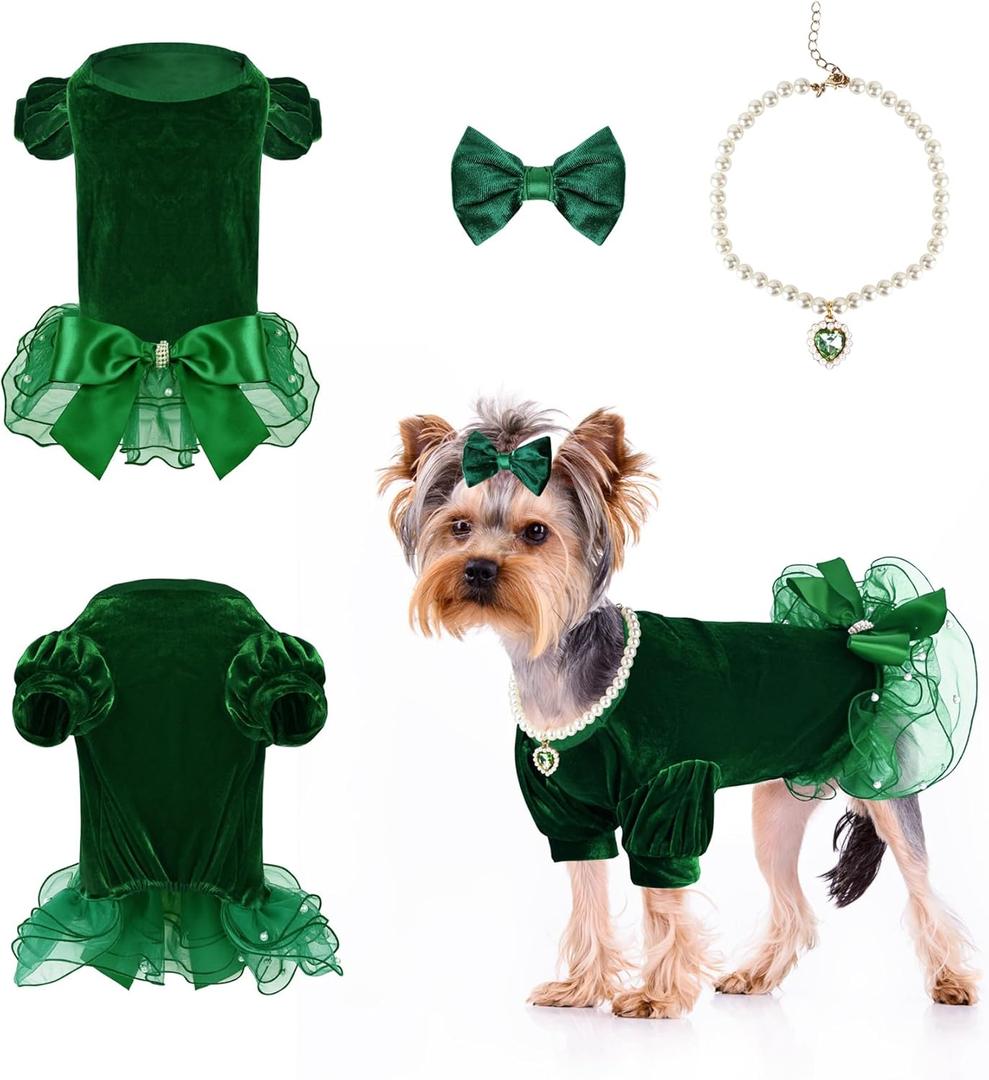 Dog Dresses for Small Dogs Girl Puppy Christmas Outfit Dog Tulle Spring Clothes with Pearl and Bow (Deep Green, S)