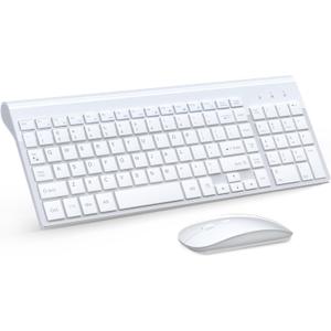 Wireless Keyboard and Mouse Ultra Slim Combo, TopMate 2.4G Silent Compact USB 2400DPI Mouse and Scissor Switch Keyboard Set with Cover, Batteries Included, for PC/Laptop/Windows/Mac  Silver White