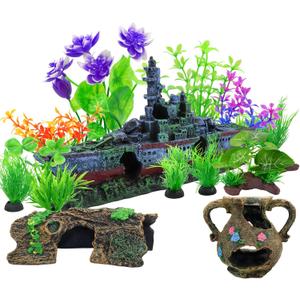 Aquarium Artificial Plastic Plants Decorations and Sunken Ship Set Goldfish 14 PCS Large Fish Tank Accessories Goldfish Betta Tank Decor (colorful)