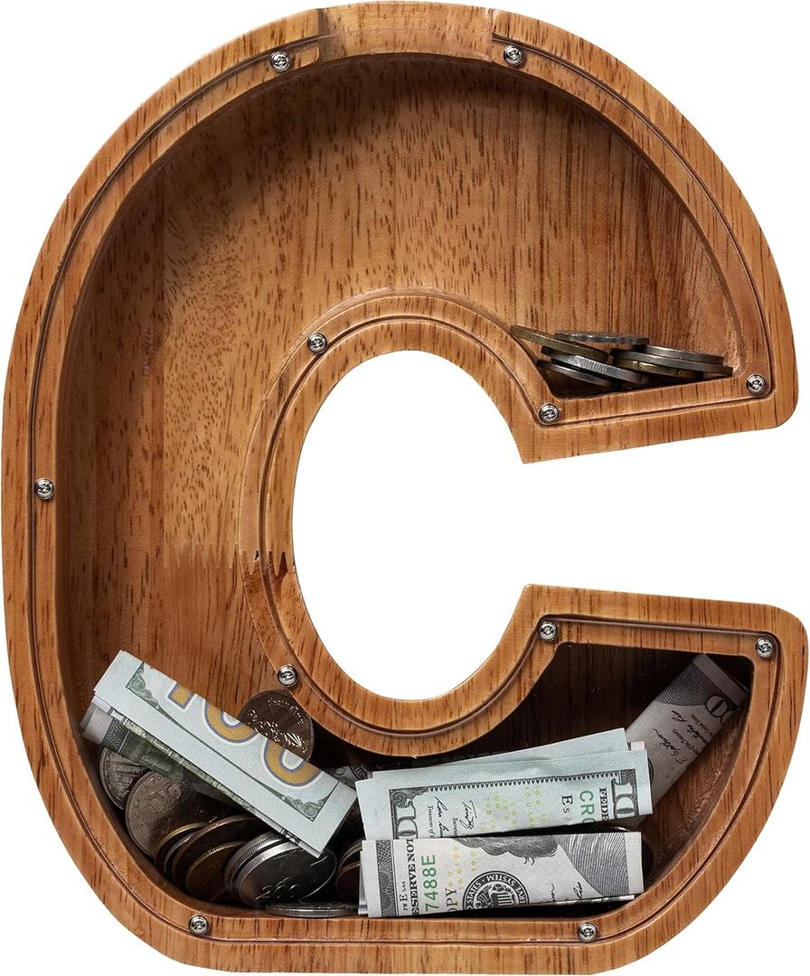 ladenk 12 Inch Extra Large Wooden Kids Letter Piggy Bank - Piggy Bank for Boys Girls - Initial C Bank - Alphabet Money Bank for Birthday