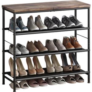 Shoe Rack Organizer 4 Tier Metal Organizer Shelf with Industrial MDF Board and Layer Fabric for Entryway Closet Bedroom Living Room Garage,Black & Rustic Brown (Black+Rustic Brown, 4 Tier)