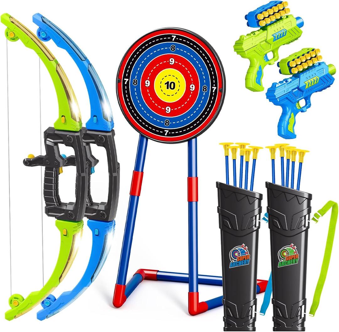 2 in 1 Pack Bow and Arrow Set for Kids 6 Year Old Boy Gifts Boy Toys Age 6-8,Archery Set with Lights Sport Shooting Games for Kids 5-12 Year Old Birthday Gifts Indoor Outdoor