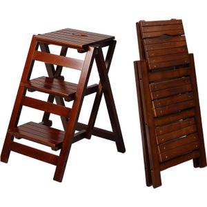 3 Step Stool Wooden Folding Ladder Chair Thickened Library Stair Chair Portable Light Garden Tool Ladder Maximum Load 337bl (Dark Coffee Color)
