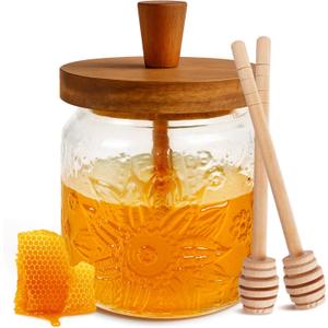 Loscarol Honey Jar with Dipper and Lid - Bohemian Vintage Glass Honey Pot with Wooden Honey Dippers Stick Set, Wide Mouth Honey Containers - Airtight Storage Syrup Dispenser Cute Decorative Jars (Sunflowers)