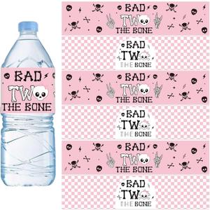 Jollyboom Bad Two The Bone Birthday Party Decorations Girls, 52pcs Bad 2 The Bone Water Bottle Labels Stickers for 2 Year Old Girl Music Rock and Roll 2nd Birthday Party Supplies