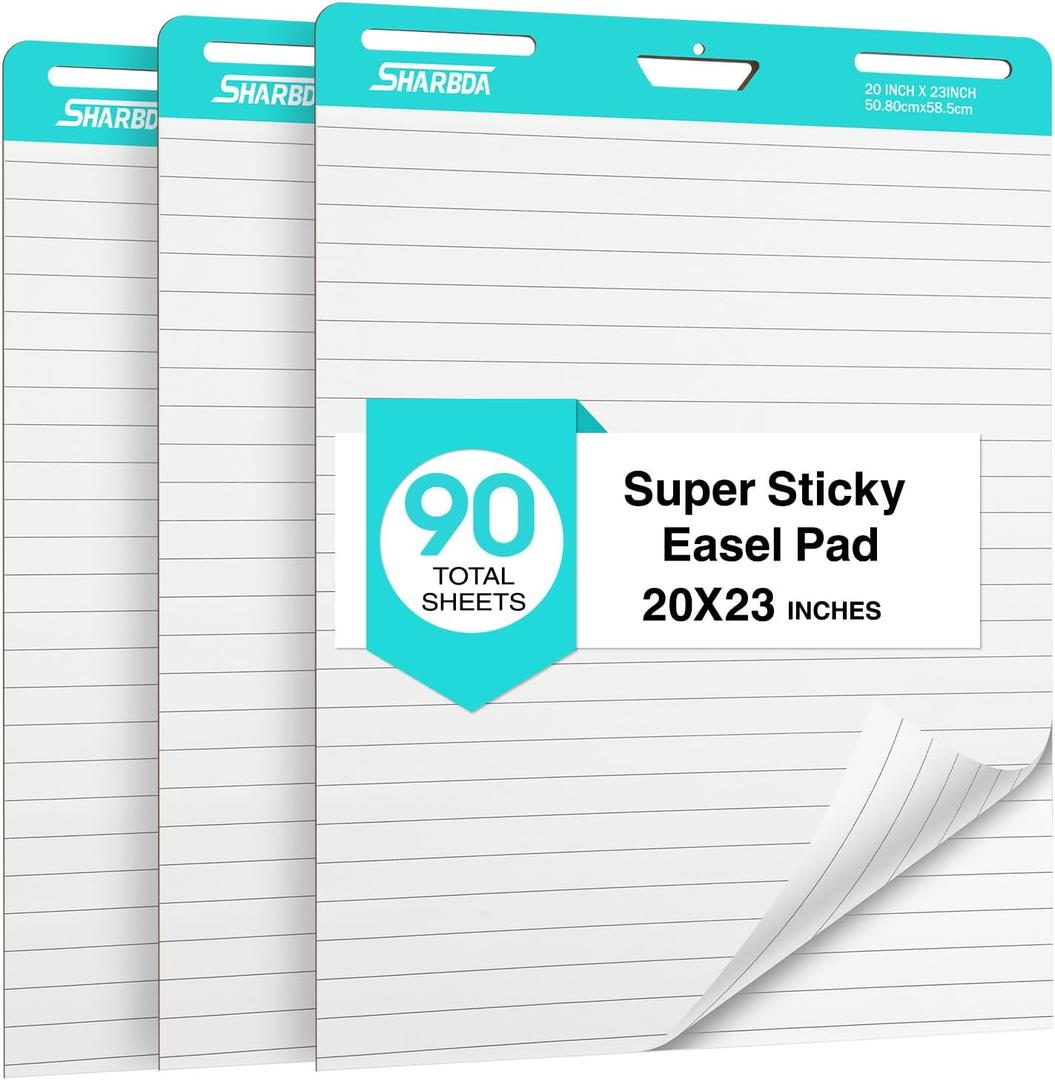 Lined Sticky Easel Pad, 20 * 23 inch,Self-Stick Flip Chart Paper, Super Adhesive & Bleed-Resistant,Micro-Perforated Tear,Classroom Teacher Office Presentation Pads,3 Pads/Pack,90Sheets